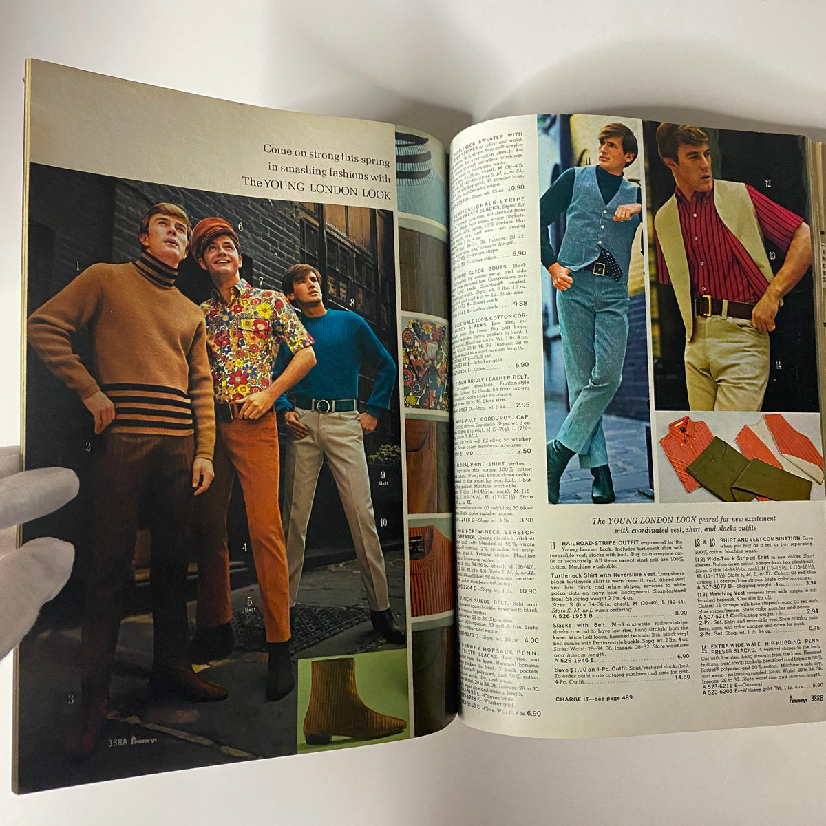 1967 JC Penneys Spring and Summer Store Catalog illustrating men's fashion styles, showcasing various colorful outfits and accessories popular in the mid-1960s.