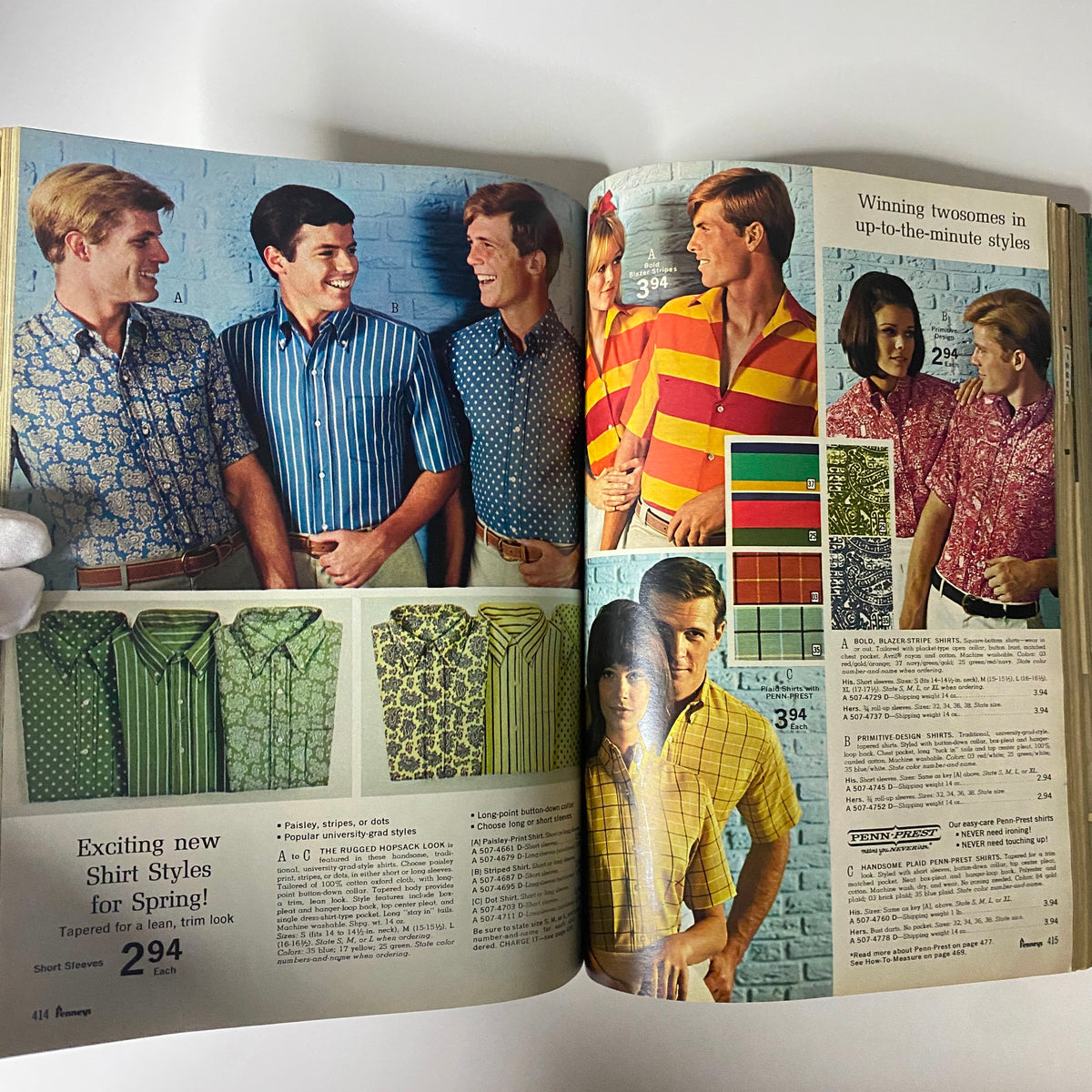 1967 JC Penneys Spring and Summer Store Catalog showcasing men's shirt styles with colorful patterns, featuring three men in stylish outfits and detailed pricing information.
