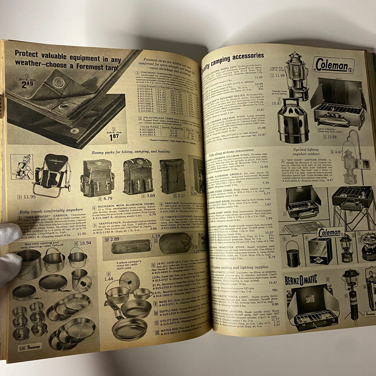 1967 JC Penneys Spring and Summer Store Catalog displaying camping gear and accessories, including backpacks, cooking supplies, and outdoor essentials with listed prices.