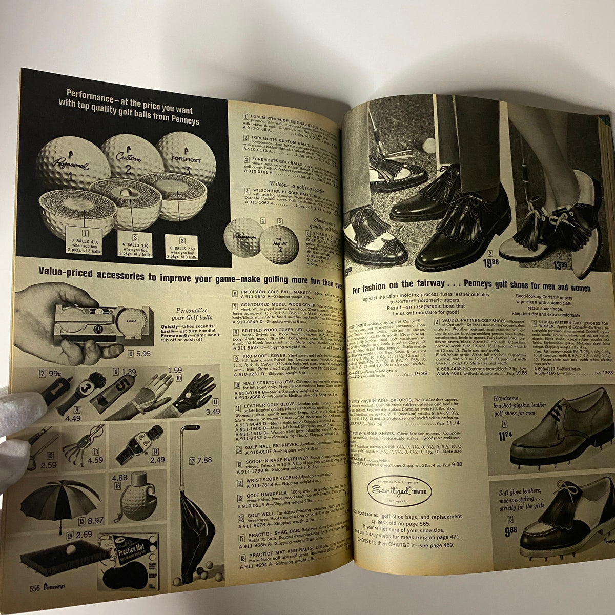 1967 JC Penneys Spring and Summer Store Catalog featuring golf equipment including golf balls and accessories, alongside stylish golf shoes for men and women, highlighted with prices.