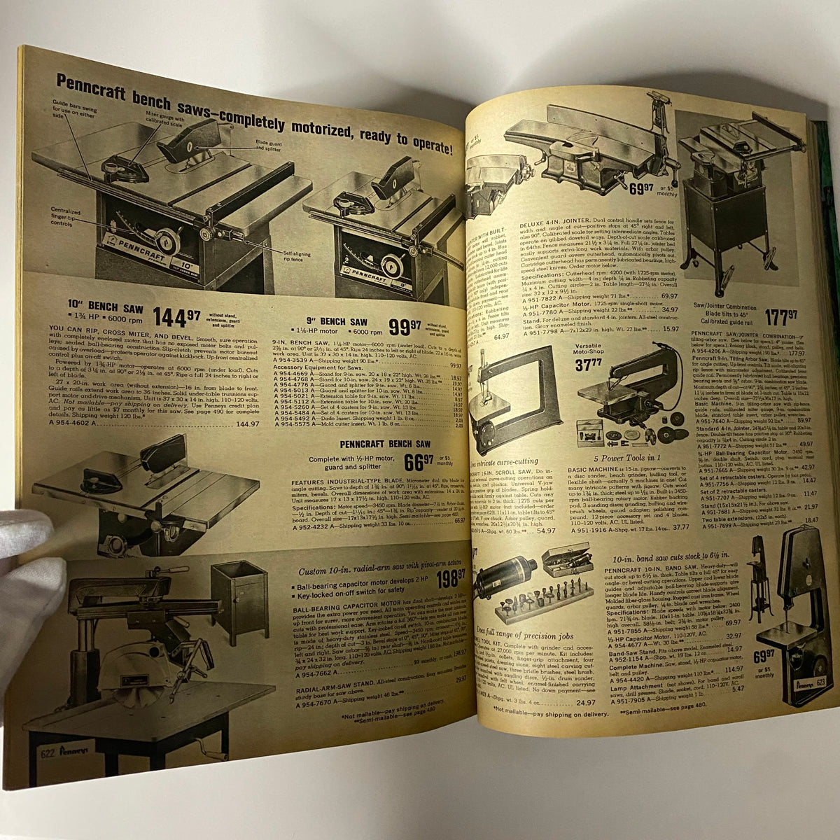 1967 JC Penneys Spring and Summer Store Catalog offering machine tools and woodworking equipment, showcasing various saws with detailed specifications and prices listed.