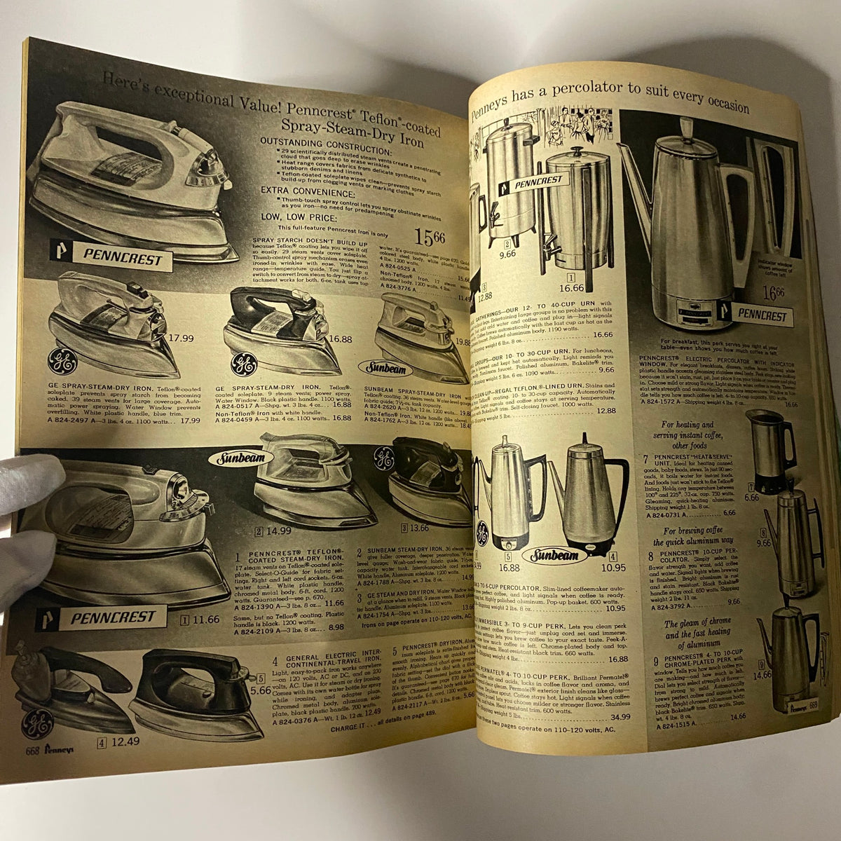 1967 JC Penneys Spring and Summer Store Catalog presenting small kitchen appliances including irons and percolators, with highlighted prices and product details for buyers.