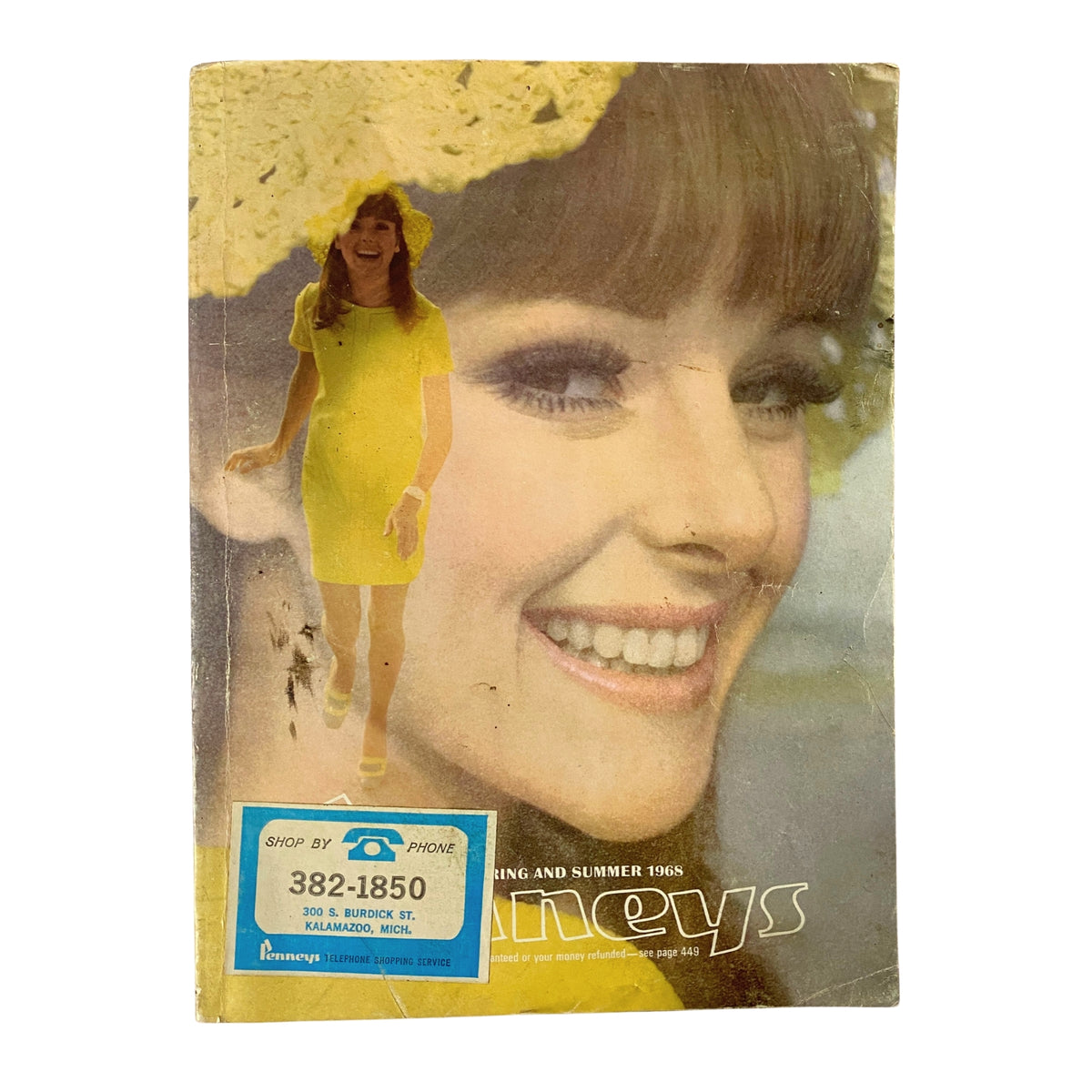 Cover of the 1968 JC Penneys Spring and Summer Store Catalog featuring a smiling woman in a yellow dress with a crochet hat, showcasing vintage style and fashion from the late 1960s.