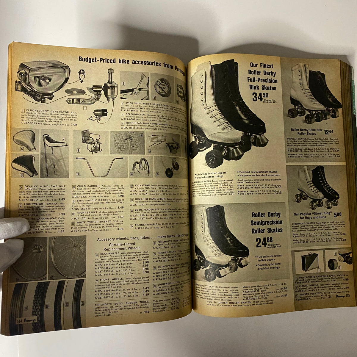 1968 JC Penneys Spring and Summer Store Catalog displaying budget-priced bike accessories, including roller skates and bike parts, emphasizing practicality.