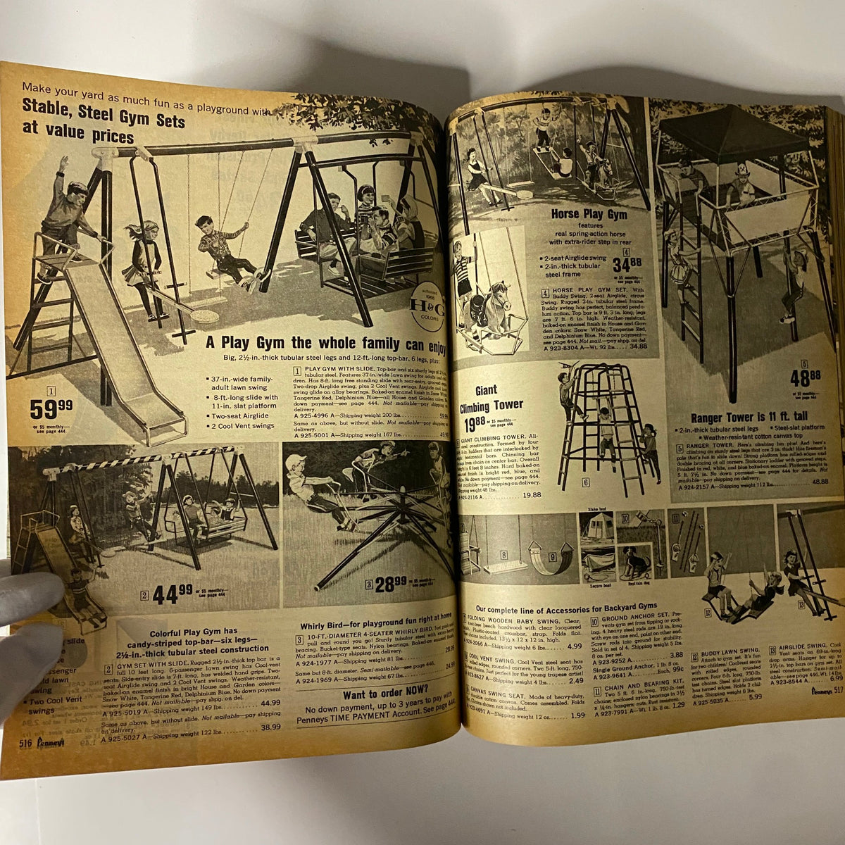 Vintage advertisement from the 1968 JC Penneys Spring and Summer Store Catalog featuring outdoor gym sets for children, showcasing various playground equipment such as swings and slides.