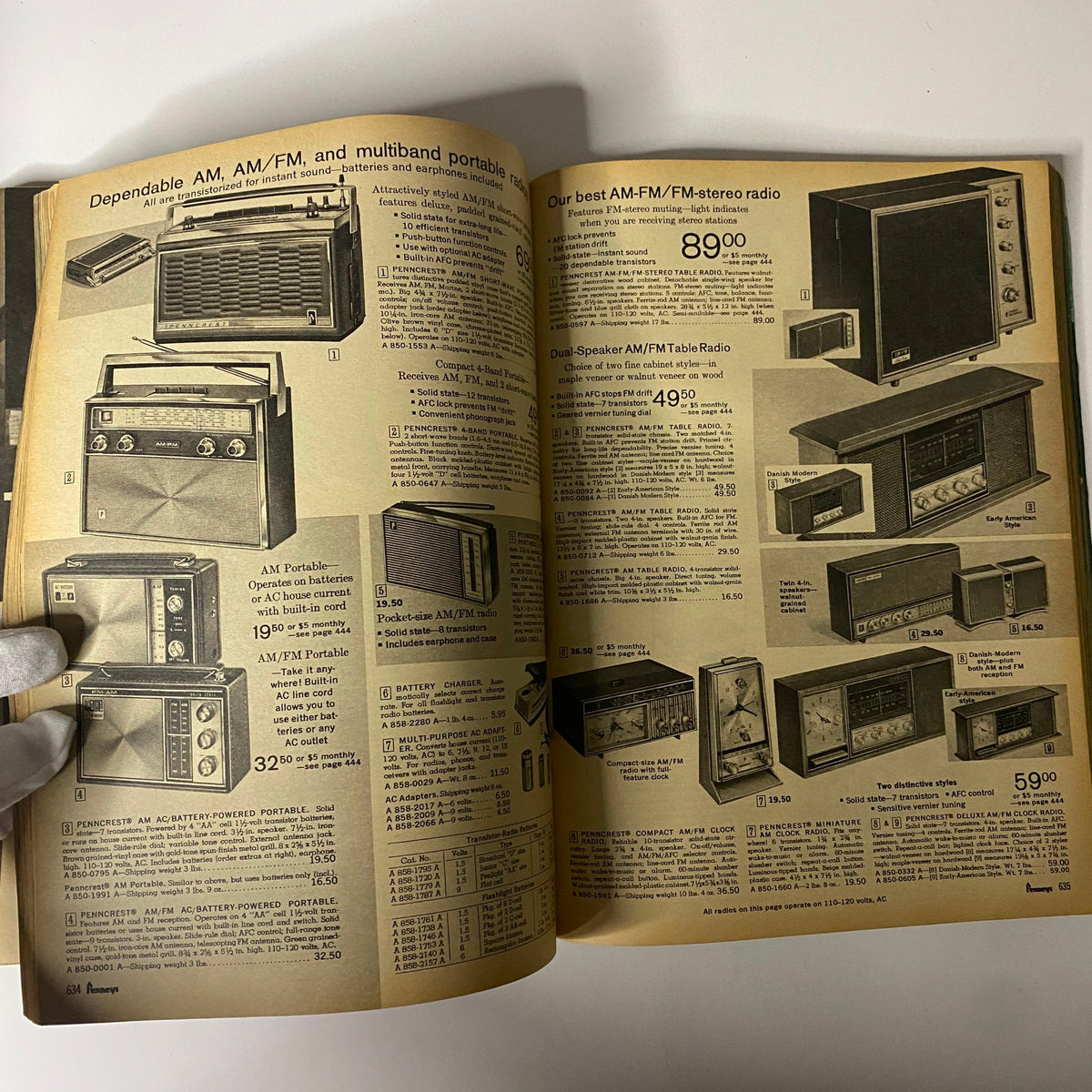 Pages from the 1968 JC Penneys Spring and Summer Store Catalog displaying various AM and FM portable radios, highlighting different models and their prices.