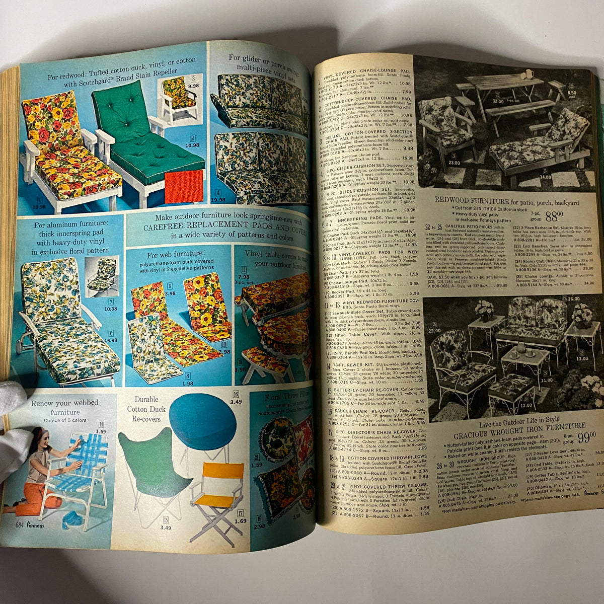 Colorful outdoor furniture featured in the 1968 JC Penneys Spring and Summer Store Catalog, showcasing a range of patio chairs and cushions in vibrant patterns.