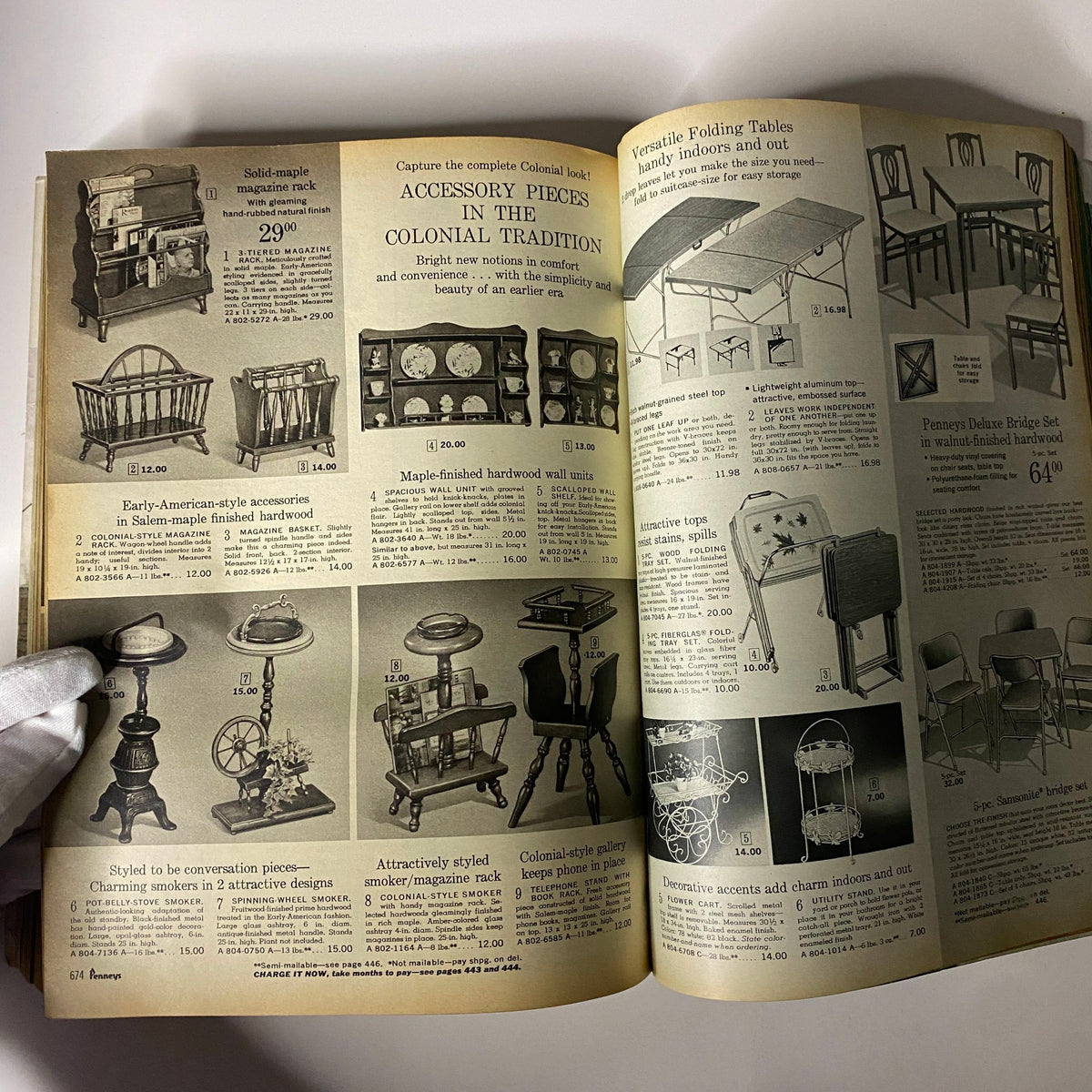 Home accessories depicted in the 1968 JC Penneys Spring and Summer Store Catalog, illustrating different Colonial-style furniture pieces and their prices.