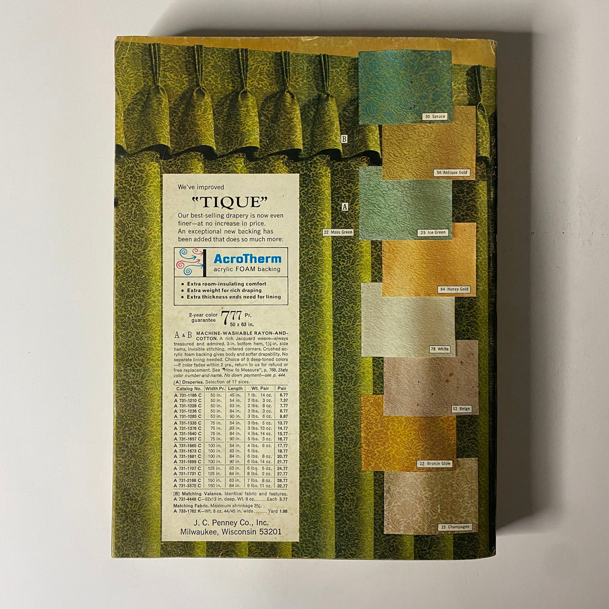 Back cover of the 1968 JC Penneys Spring and Summer Store Catalog displaying drapery fabric options along with color samples and pricing information.