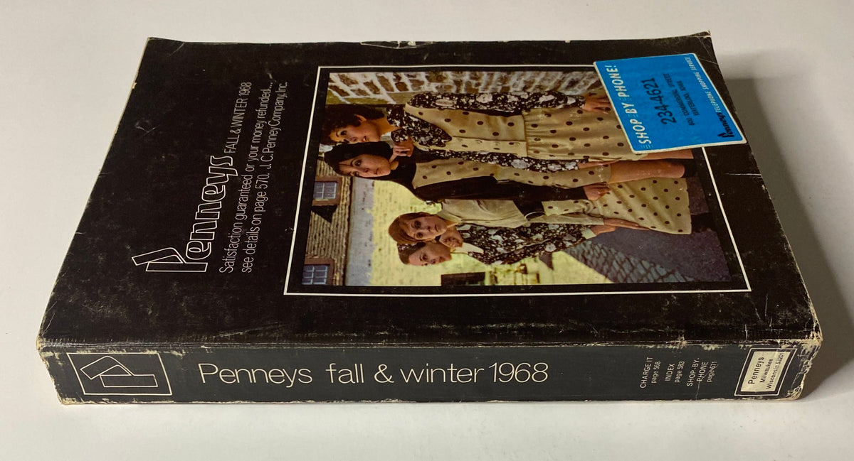 Side view of the 1968 JC Penney Fall and Winter Store Catalog emphasizing the vintage aesthetic with visible model designs and a contact phone number for shopping.