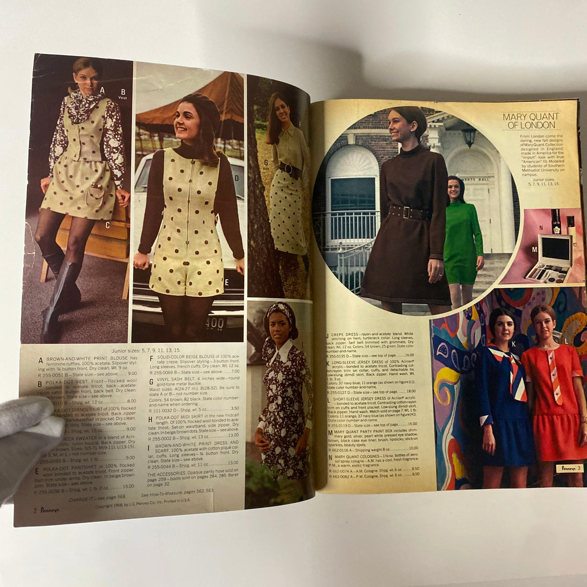 Two open pages from the 1968 JC Penney Fall and Winter Catalog displaying vintage fashion illustrations, including dresses by Mary Quant, showcasing the style of the late 1960s.