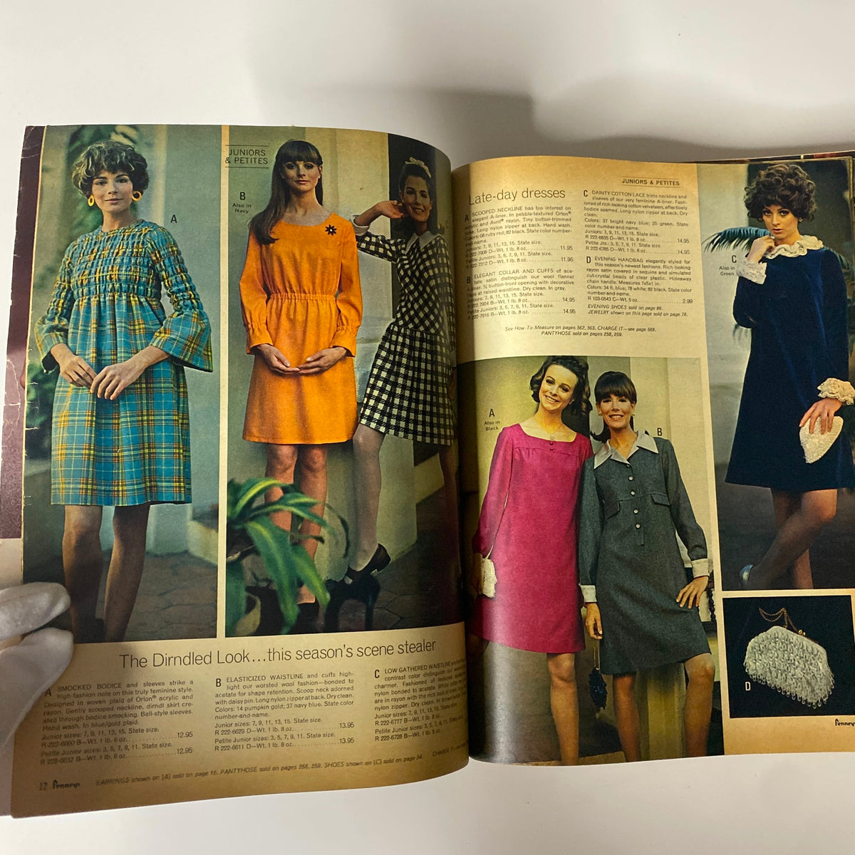 Interior pages from the 1968 JC Penney Fall and Winter Store Catalog presenting various late-day dresses and their details, reflecting the fashion trends of the 1960s.