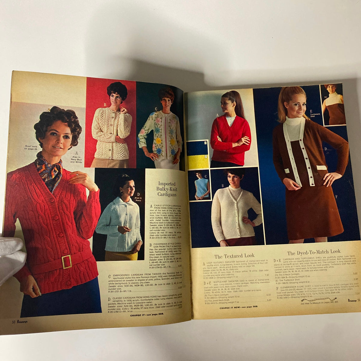 Open pages of the 1968 JC Penney Fall and Winter Catalog displaying various styles of cardigans and sweaters, emphasizing the textured and dyed-to-match looks popular in the 1960s.