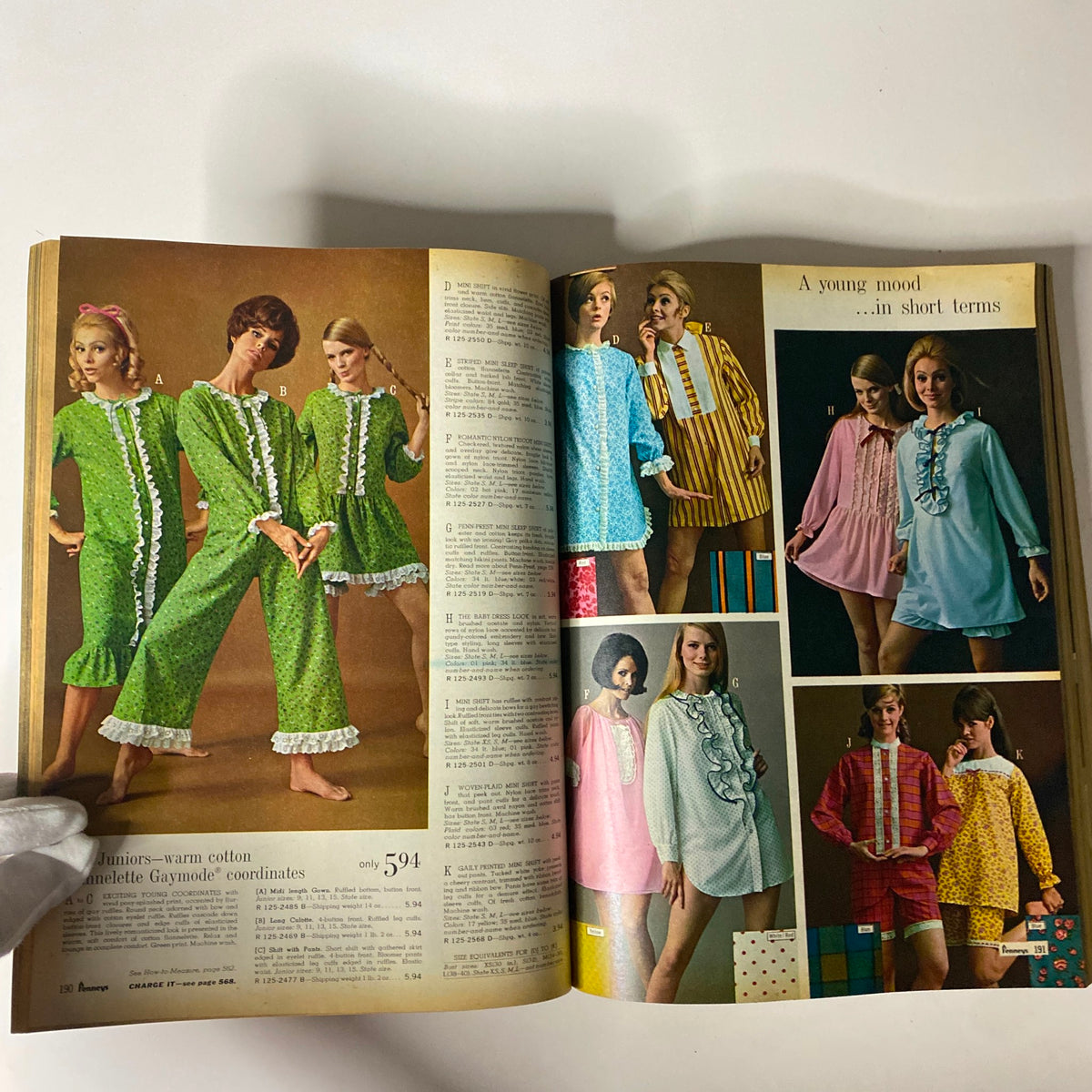 1968 JC Penney's Fall and Winter Store Catalog showcasing a variety of junior sleepwear styles, featuring colorful cotton coordinates with details on prices and fabric at the center spread.