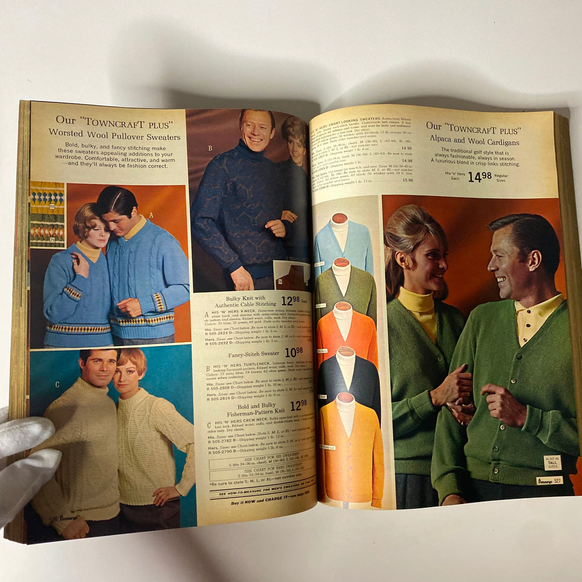 1968 JC Penney's Fall and Winter Store Catalog presenting a selection of wool sweaters for men and women, capturing the classic styles with a nostalgic appeal and detailed descriptions of the garments.