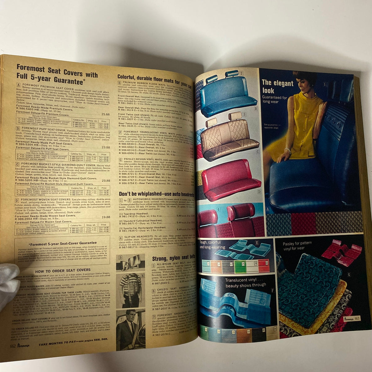 1968 JC Penney's Fall and Winter Store Catalog showcasing automotive seat covers and floor mats, highlighting the variety in colors and patterns available for vehicle interiors.
