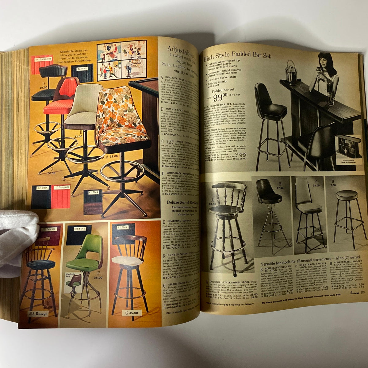 1968 JC Penneys Fall and Winter Store Catalog displaying high-style padded bar stools and adjustable stools with pricing information.