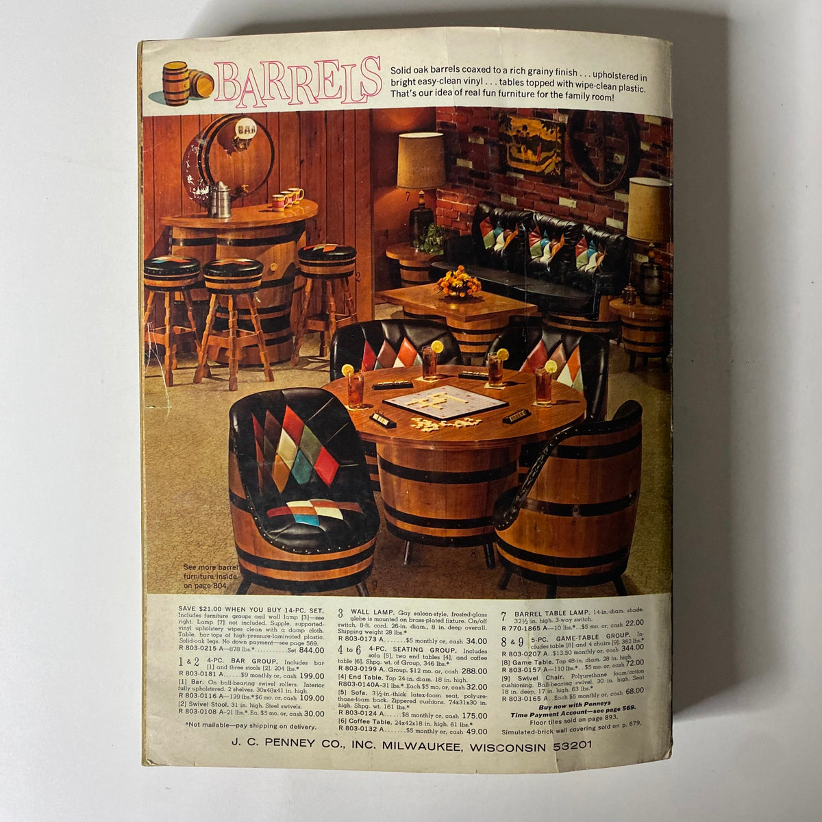 1968 JC Penneys Fall and Winter Store Catalog illustration of barrel-style furniture sets, highlighting design and price details.
