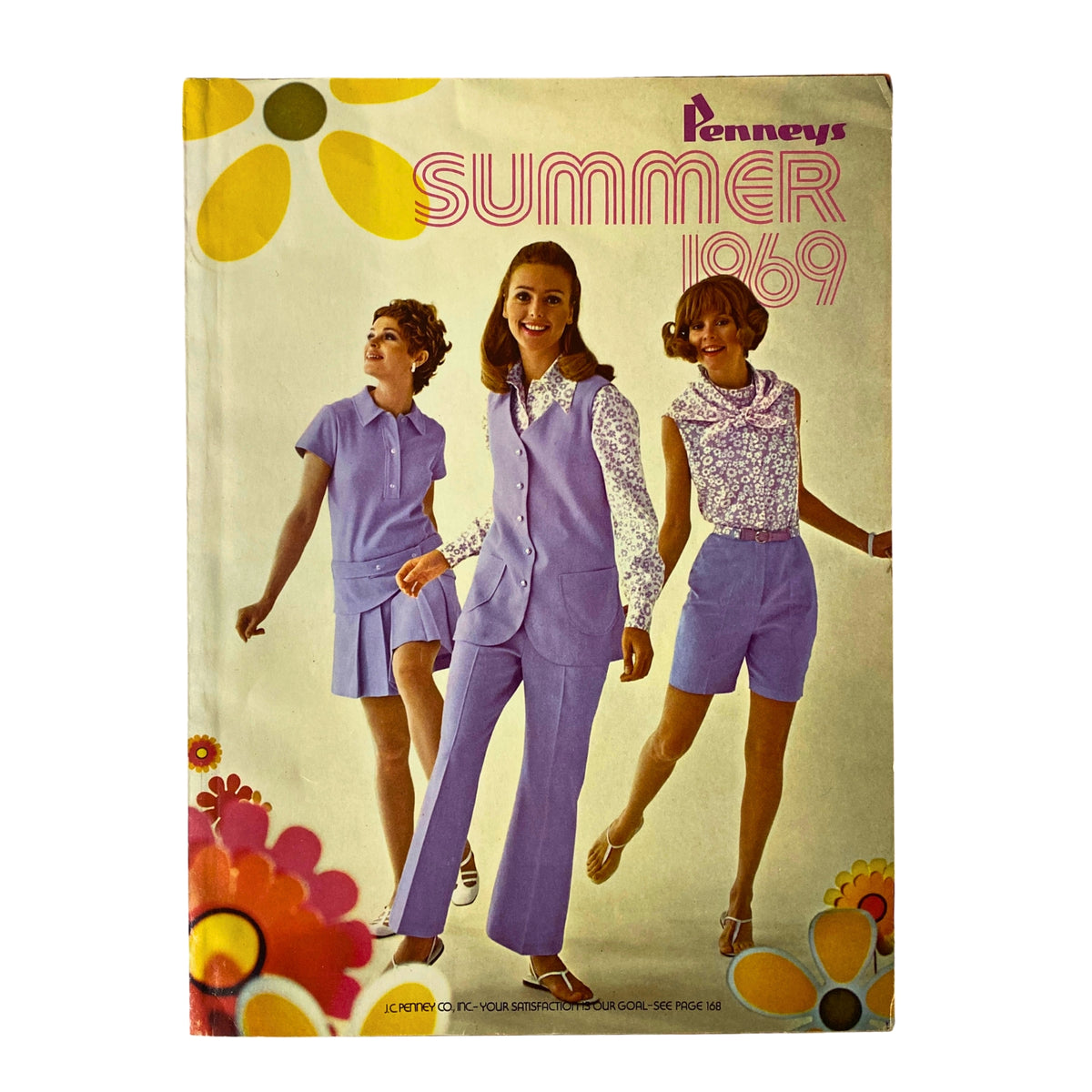 1969 JC Penneys Summer Store Catalog cover featuring models in purple summer outfits with vibrant flowers in the background, showcasing late 1960s fashion.