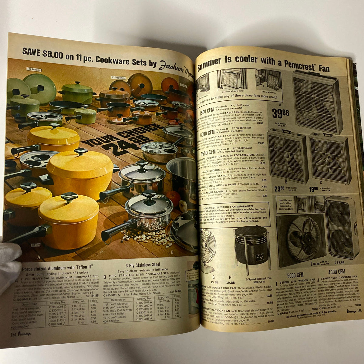 1969 JC Penneys Summer Store Catalog highlighting an array of cookware sets and fans, illustrating seasonal home goods with colorful designs and functional features.