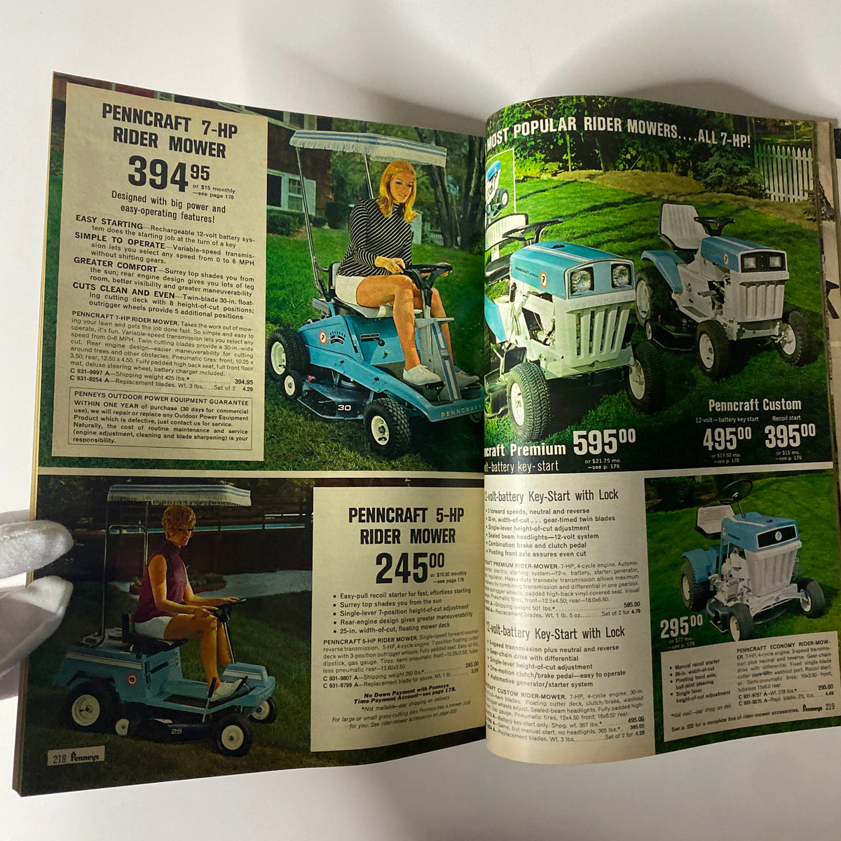 1969 JC Penneys Summer Store Catalog VG displaying Penncraft rider mowers. This image highlights a woman using a 7-HP rider mower and showcases a range of outdoor power equipment available in the catalog.