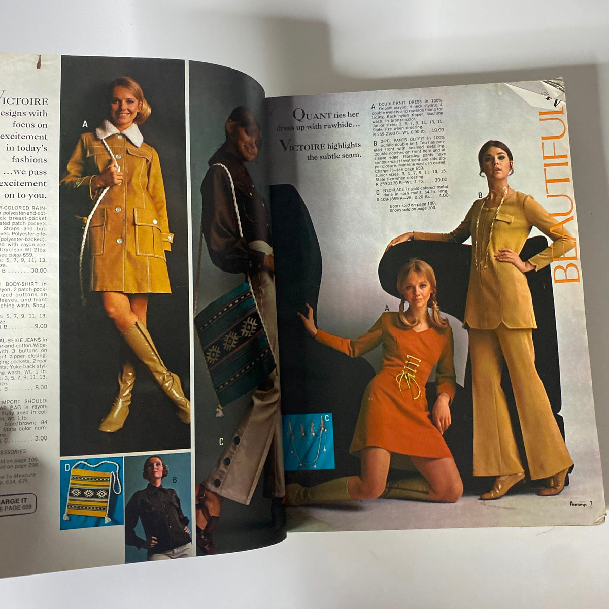 1969 JC Penneys Fall and Winter Store Catalog featuring models showcasing vibrant fall fashion outfits, including a yellow coat and a stylish brown dress, amidst an elegant backdrop.