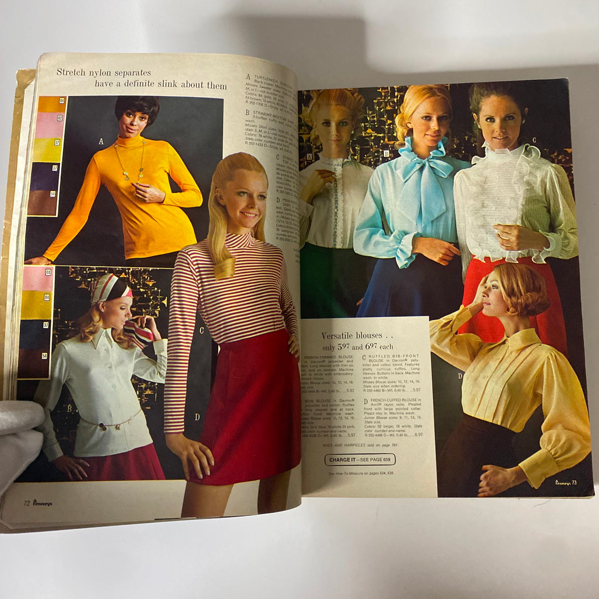1969 JC Penneys Fall and Winter Store Catalog page displaying a variety of stylish blouses, including striped and ruffled designs, embodying the fashion of the late 1960s.