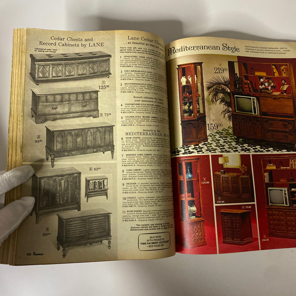 1969 JC Penneys Fall and Winter Store Catalog illustrating cedar chests and record cabinets by Lane with various styles and prices listed.
