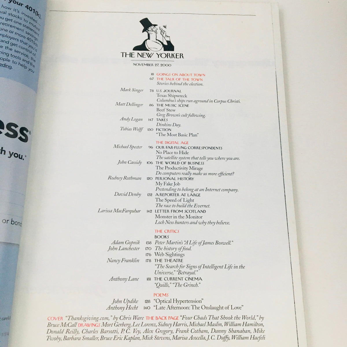 Contents page of The New Yorker full magazine from November 27, 2000, listing articles and contributors, emphasizing the publication's focus on thoughtful commentary, humor, and artistic expression.