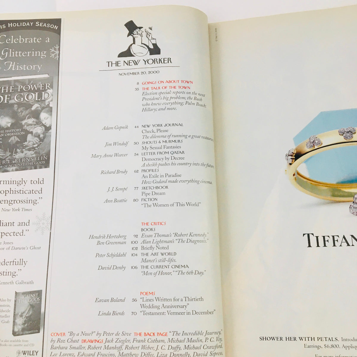 The interior page of The New Yorker magazine from November 20, 2000, showcasing the table of contents with various article titles and a stylish graphic design.