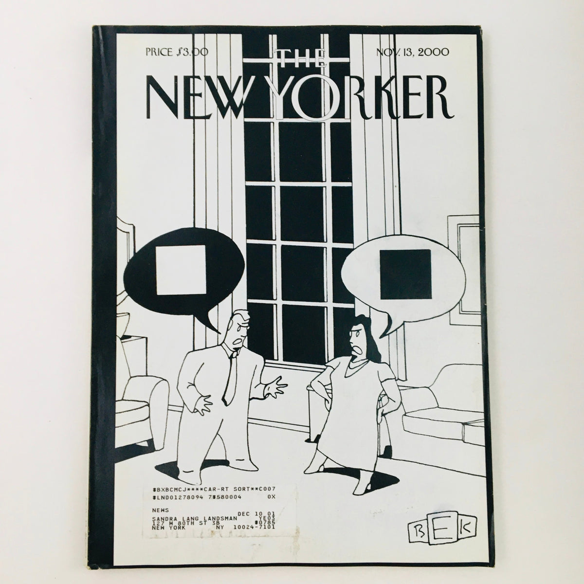 The New Yorker November 13 2000 Full Magazine cover featuring a cartoon illustration by Bruce Eric Kaplan, showcasing two characters in a conversation with speech bubbles.