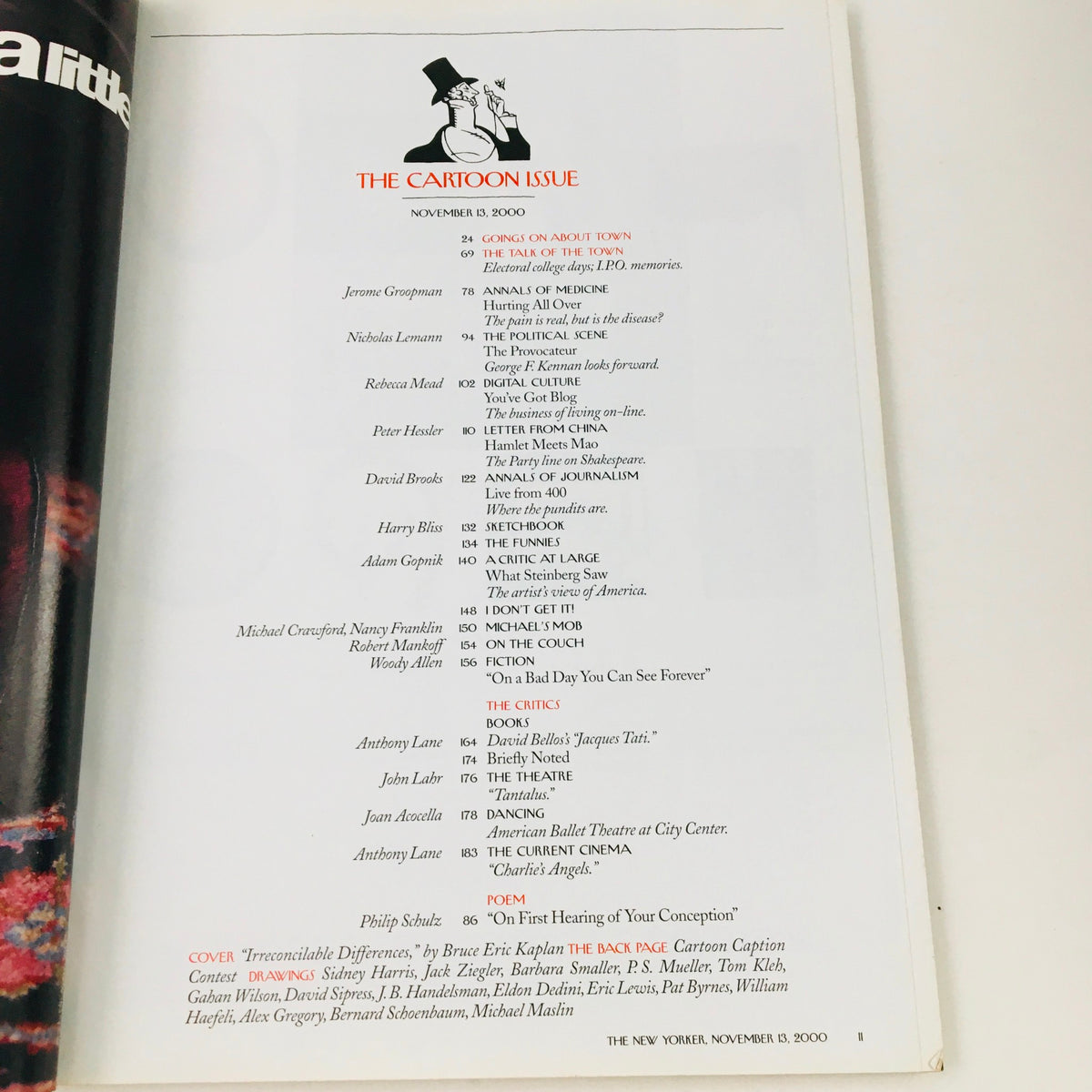 The New Yorker November 13 2000 magazine contents page, highlighting articles and contributors in 'The Cartoon Issue' with notable names and topics listed.