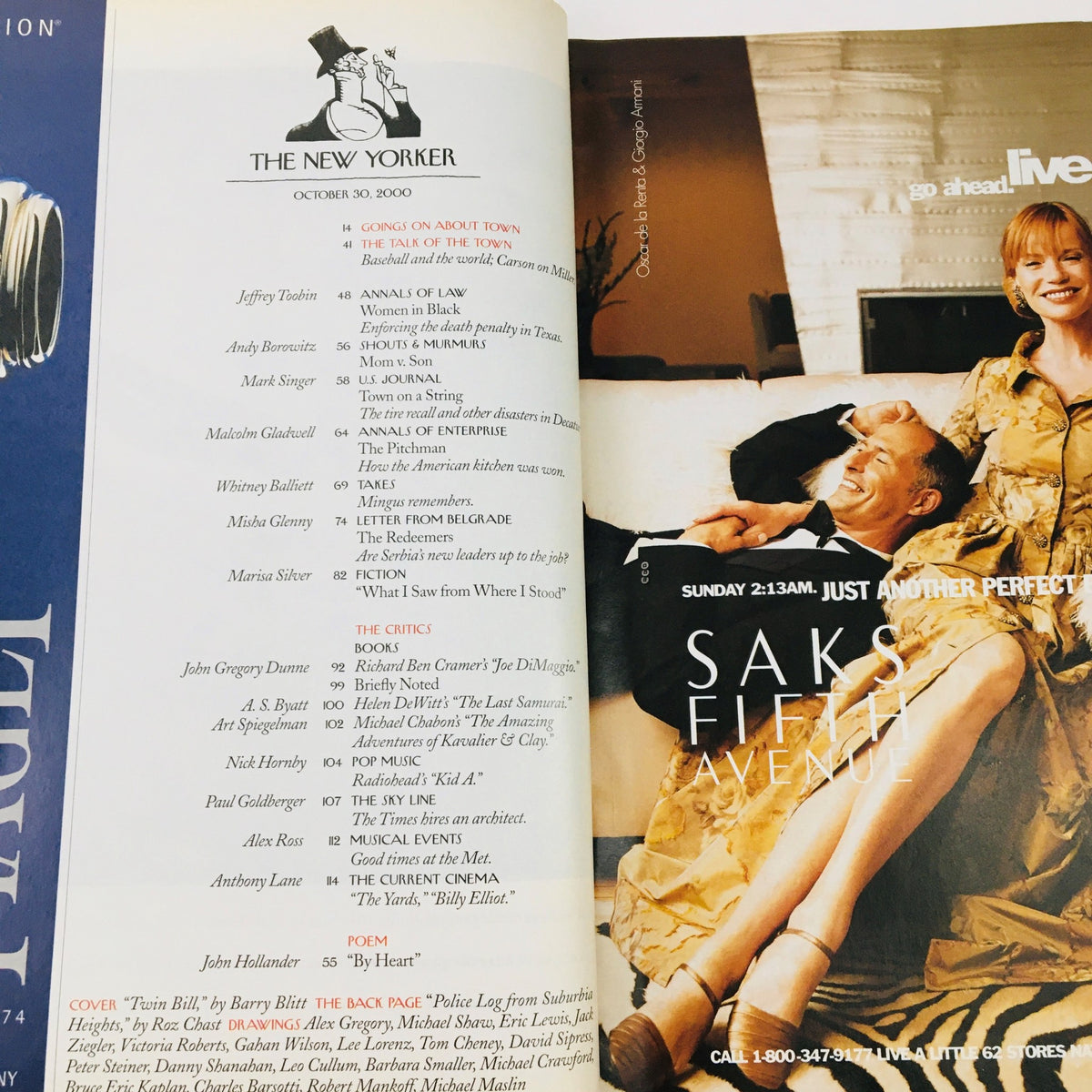 Inside page of The New Yorker Magazine from October 30, 2000, displaying the table of contents and advertisements, capturing the magazine's vintage character and design aesthetic.