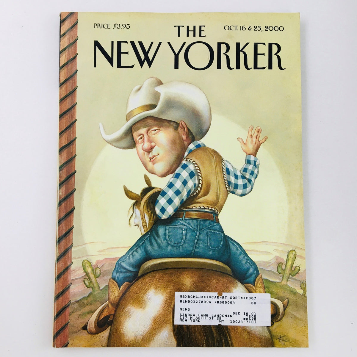 The New Yorker October 16 2000 Full Magazine Theme Cover by Anita Kunz featuring a humorous illustration of a cowboy and Bill Clinton. This collectible vintage magazine captures the essence of early 2000s cultural commentary.