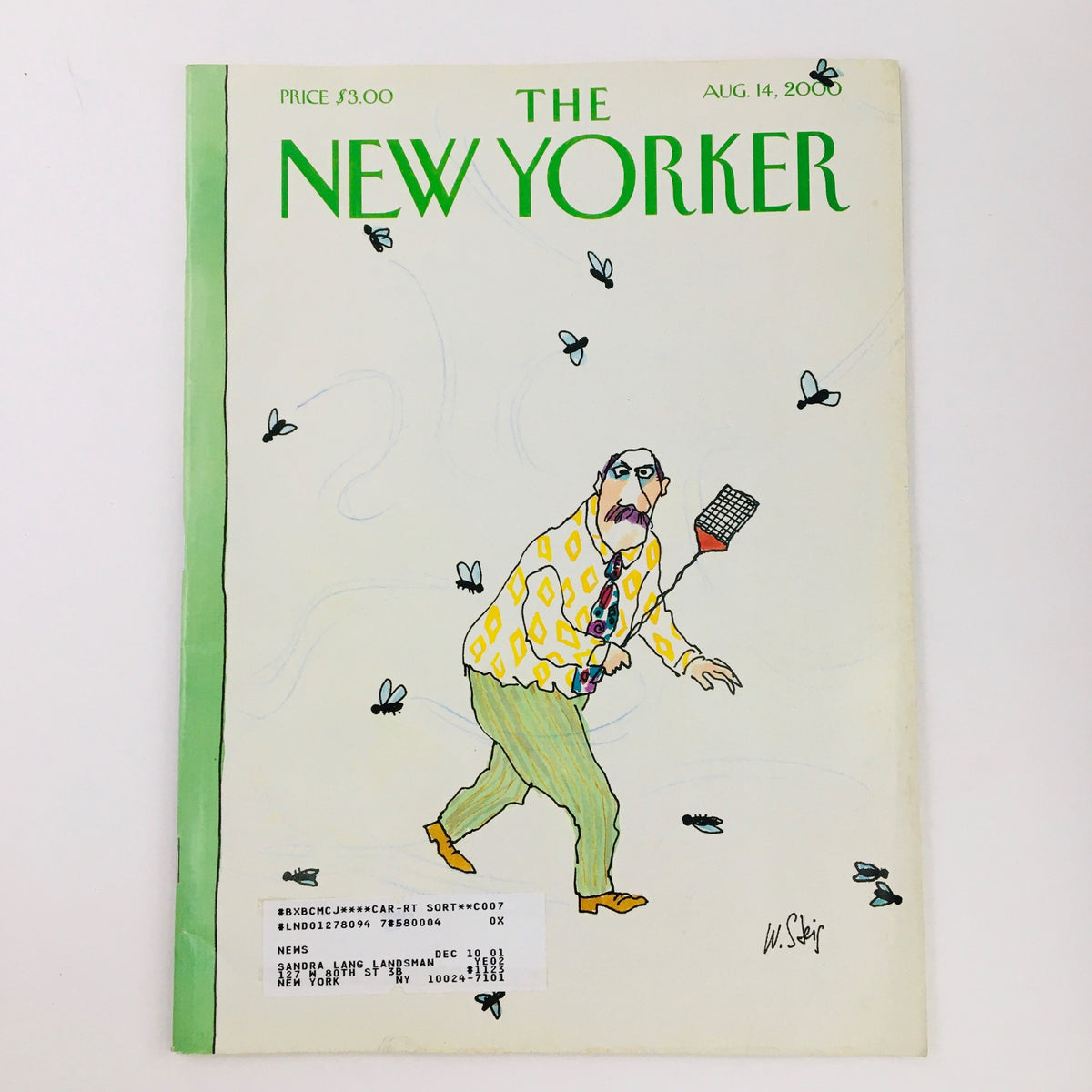 The New Yorker August 14 2000 Full Magazine Theme Cover by William Steig features a whimsical illustration of a man with a spatula against a light green background.