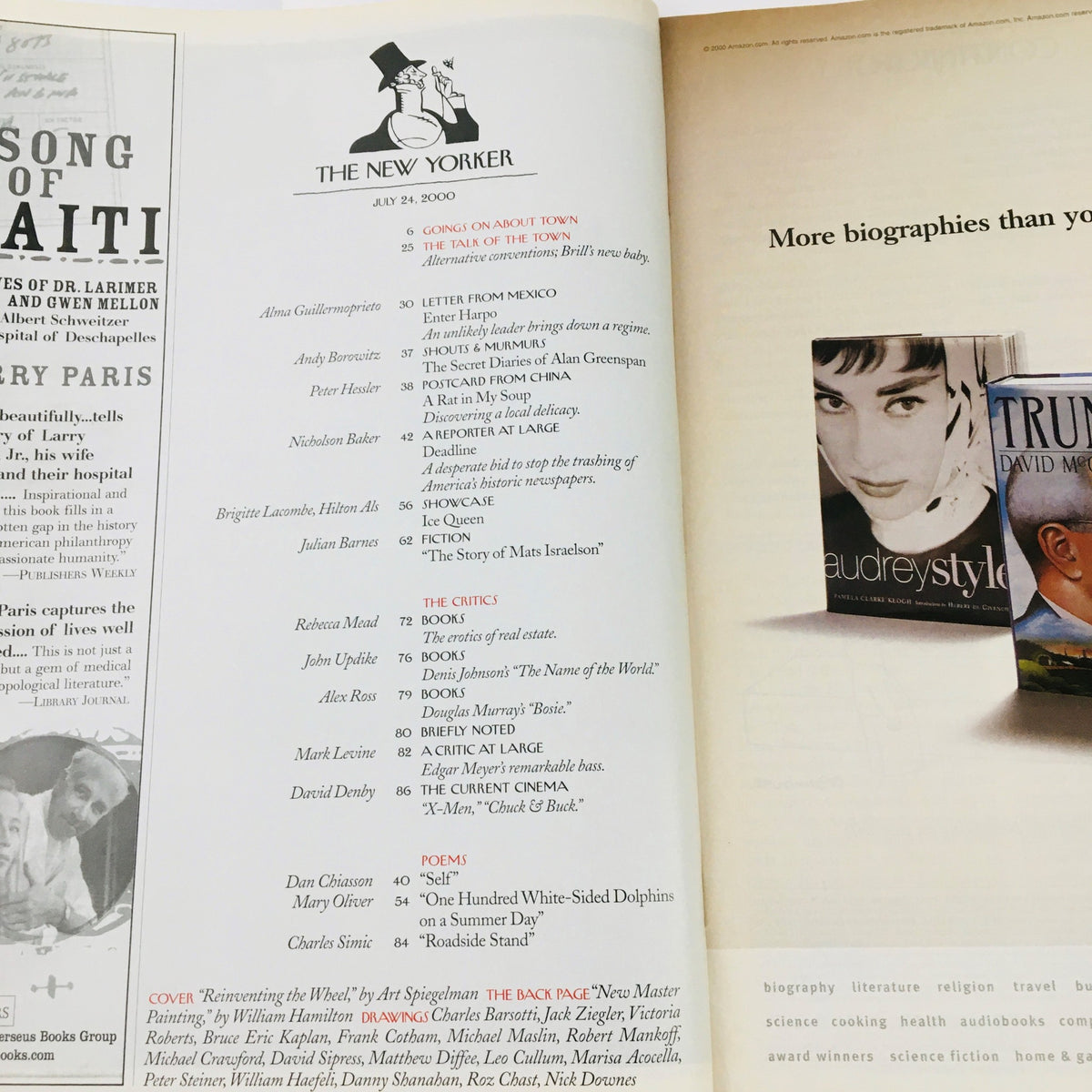 Inside page of The New Yorker Magazine July 24 2000 displaying the contents list and notable articles, including Reinventing the Wheel by Art Spiegelman.