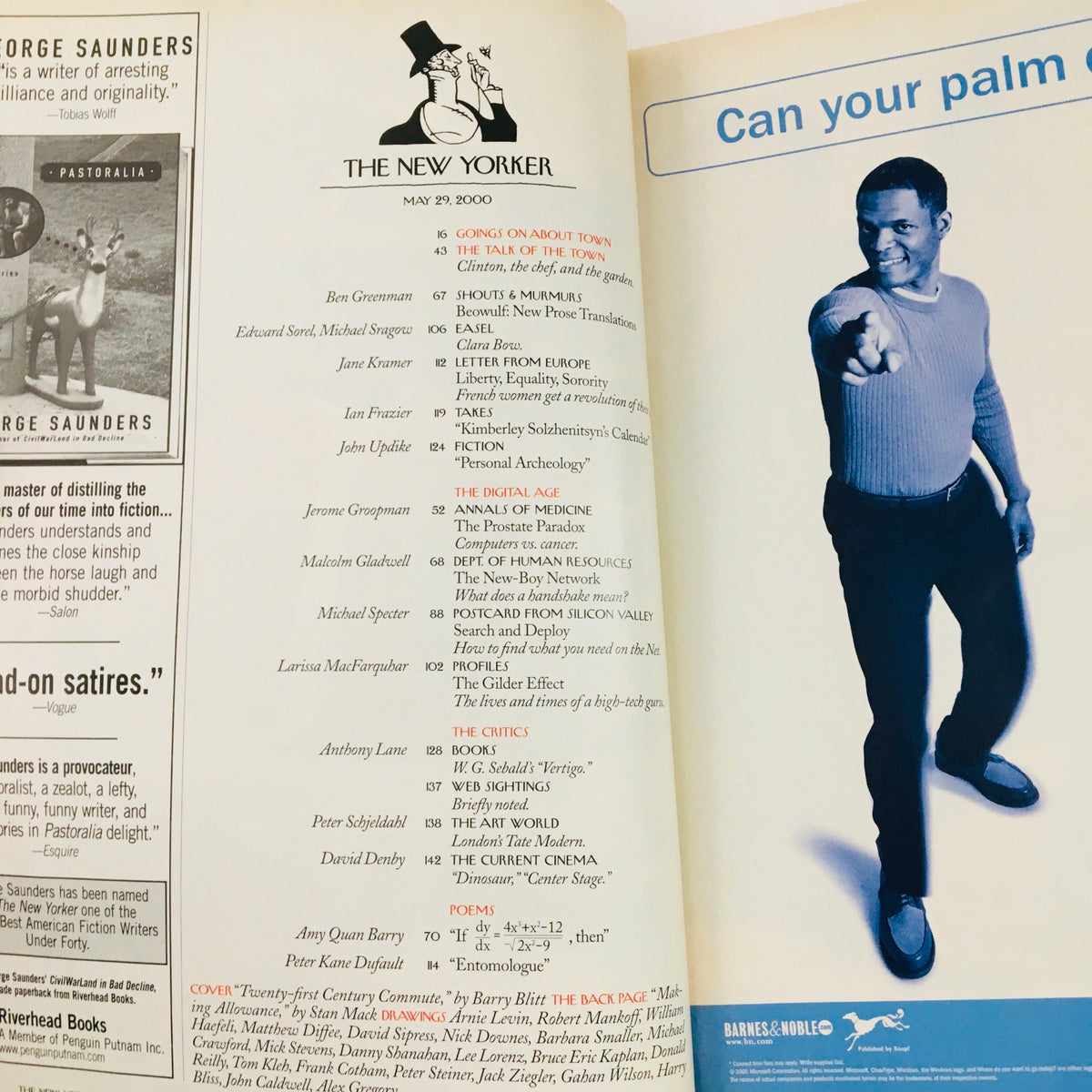 The New Yorker Full Magazine interior page for May 29, 2000, showcasing the table of contents with a featured image of a man gesturing, highlighting articles and features of the issue.