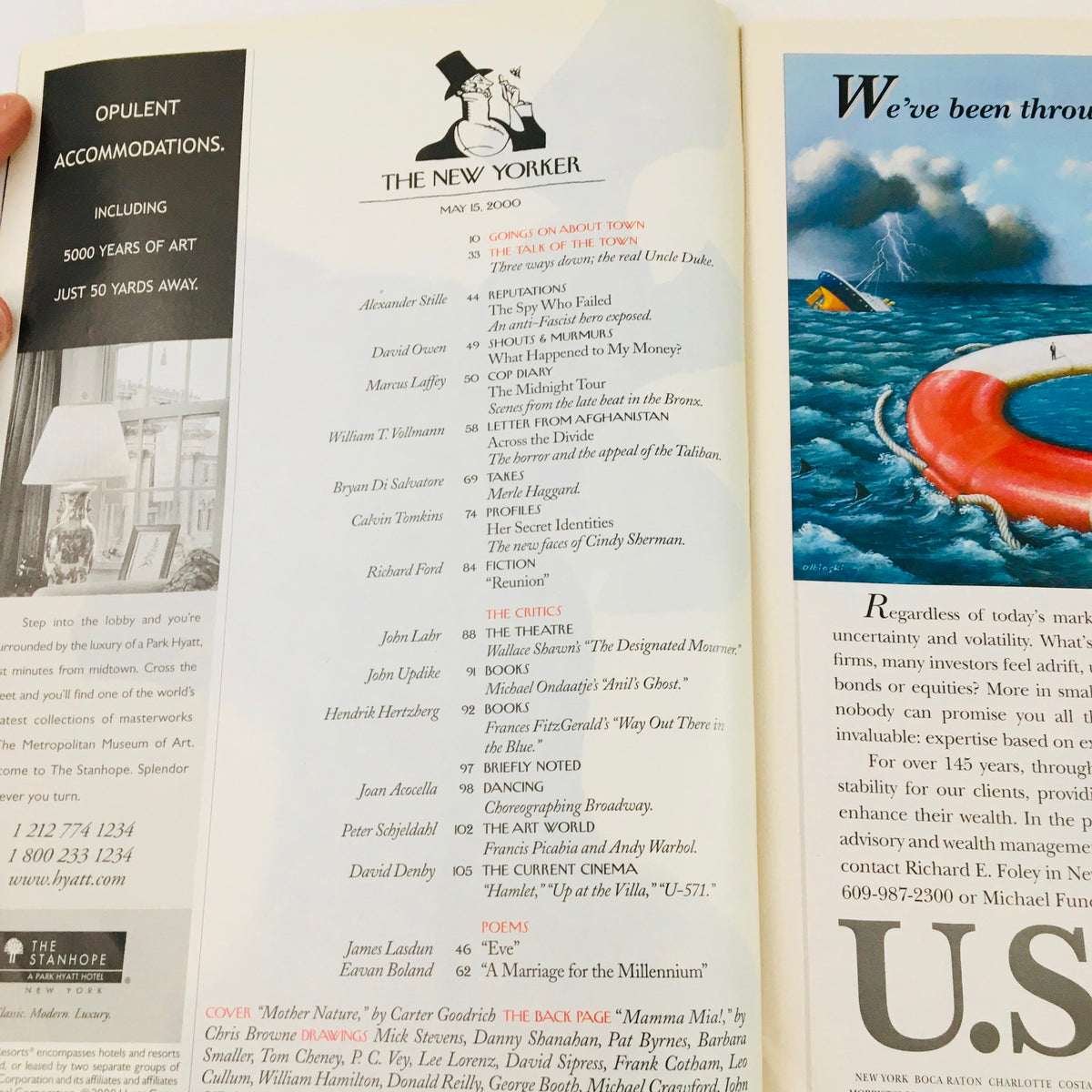 Contents page from The New Yorker Full Magazine May 15 2000, listing articles and features, emphasizing the publication's diverse topics during that era.
