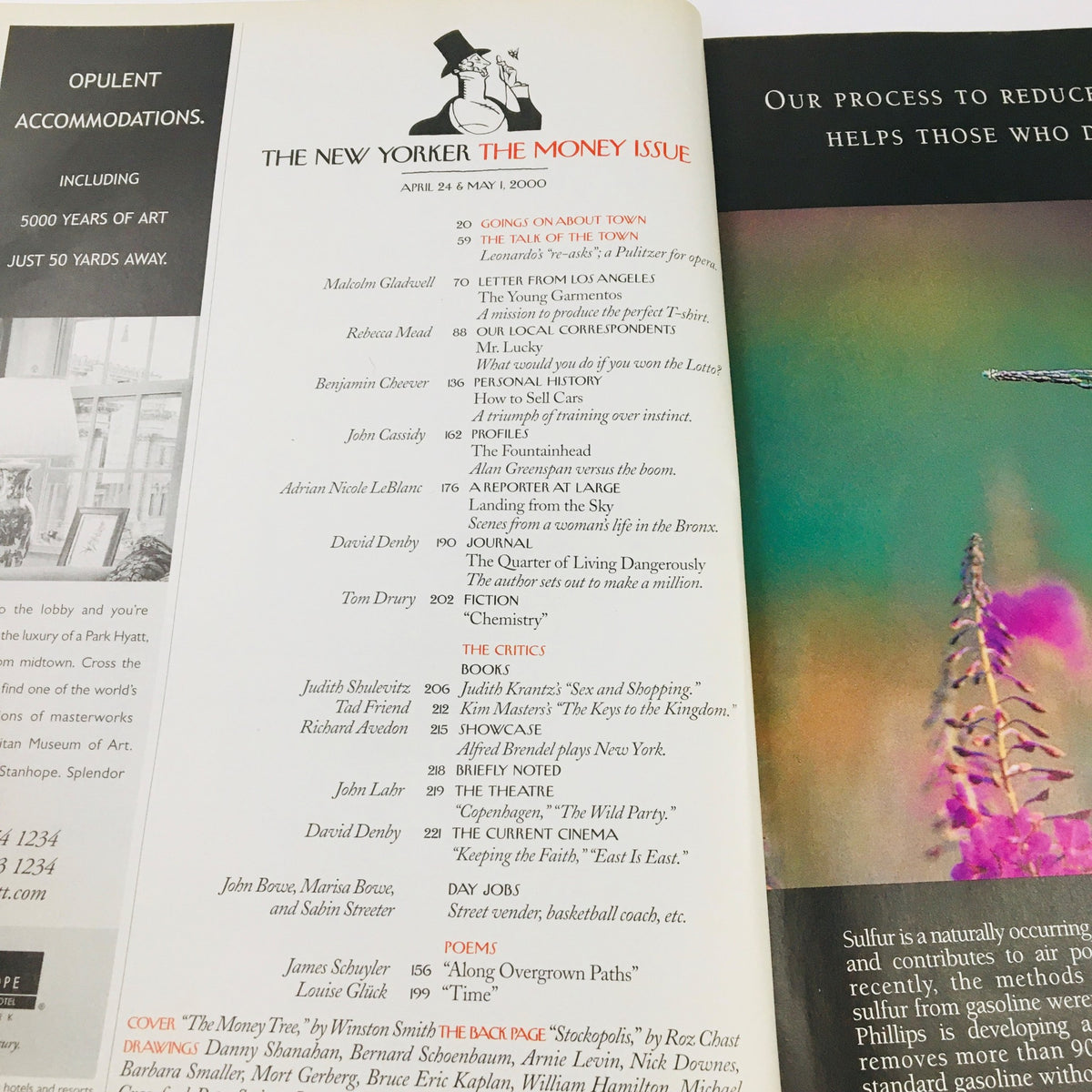 The New Yorker April 24 2000 Contents page showcasing articles related to financial topics in the Money Issue, highlighting the magazine's focus on cultural and social commentary.