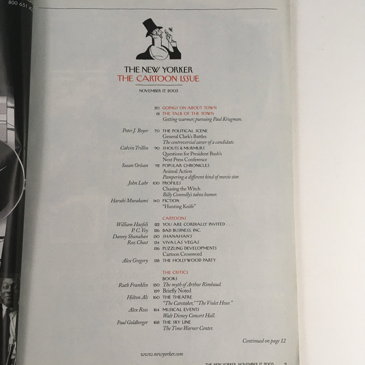 Table of contents for The New Yorker Full Magazine, November 17, 2003, highlighting articles including 'Going Out of Town' and other cultural commentary from the cartoon issue.