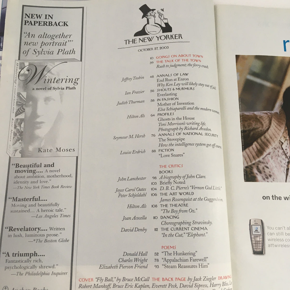 The New Yorker Full Magazine, October 27, 2003, featuring the table of contents with various articles including 'The Fly Ball' by Bruce McCall, highlighting its literary commentary and cultural reflections.