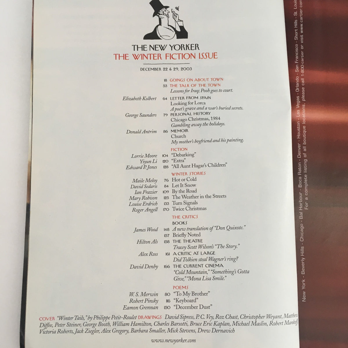 Table of contents page from The New Yorker December 22, 2003, listing articles and contributors in a stylish layout.