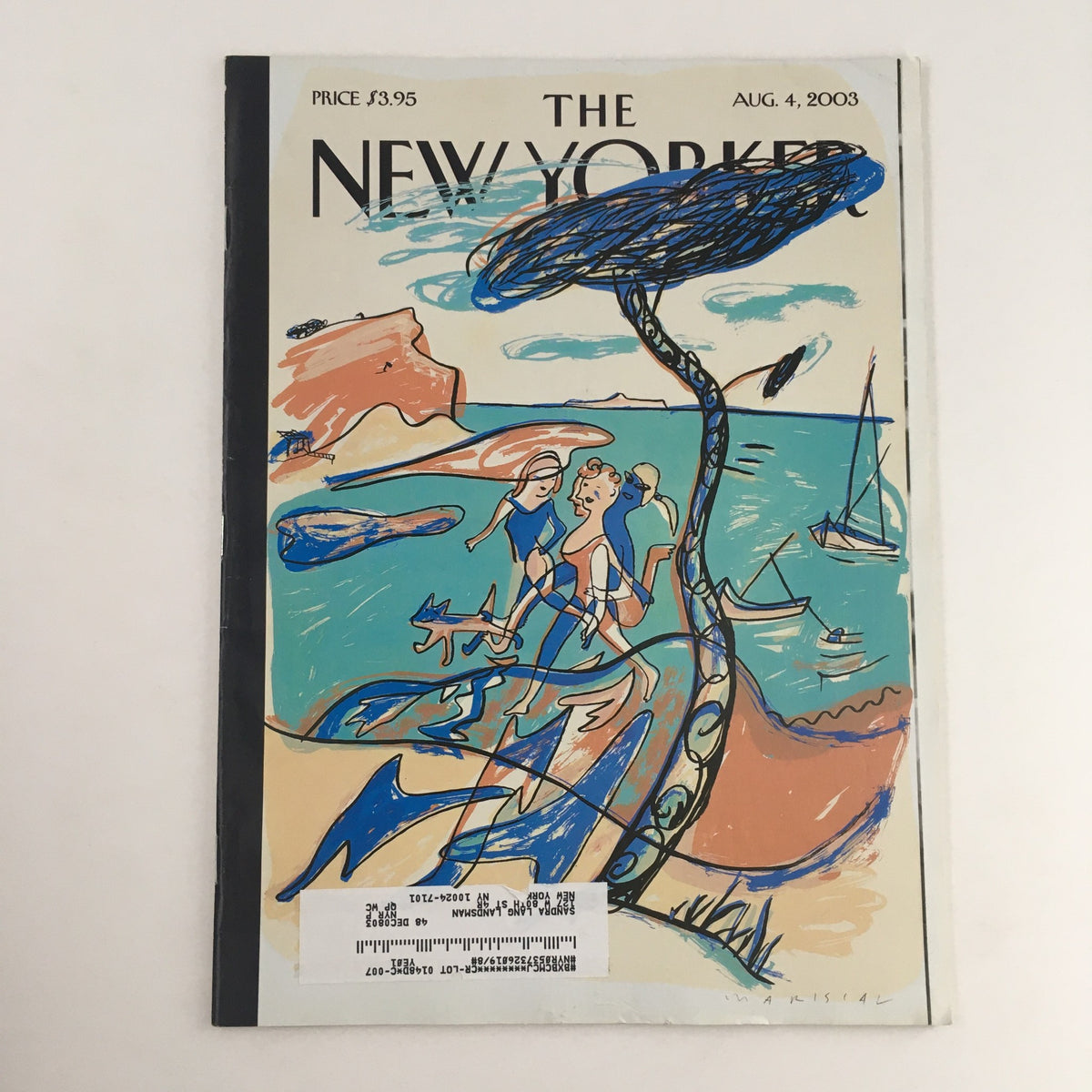 Cover of The New Yorker Magazine, August 4, 2003, featuring 'The Mediterranean Sea' illustration by Javier Mariscal. The artwork depicts vibrant Mediterranean scenery with a playful, artistic style.