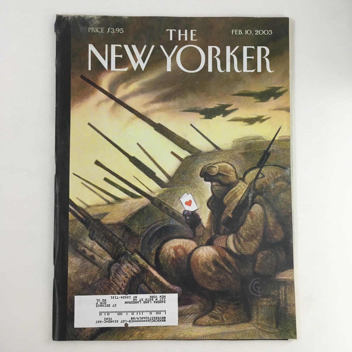 The New Yorker Full Magazine February 10 2003 featuring the V-Day Cover by Carter Goodrich, showcasing a soldier holding a playing card heart amidst a dramatic landscape.