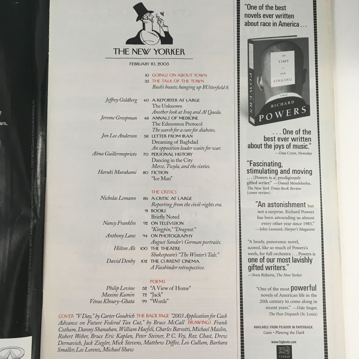 Interior page of The New Yorker Full Magazine February 10 2003, listing articles and features, including works by Jeffrey Goldberg and Richard Powers.