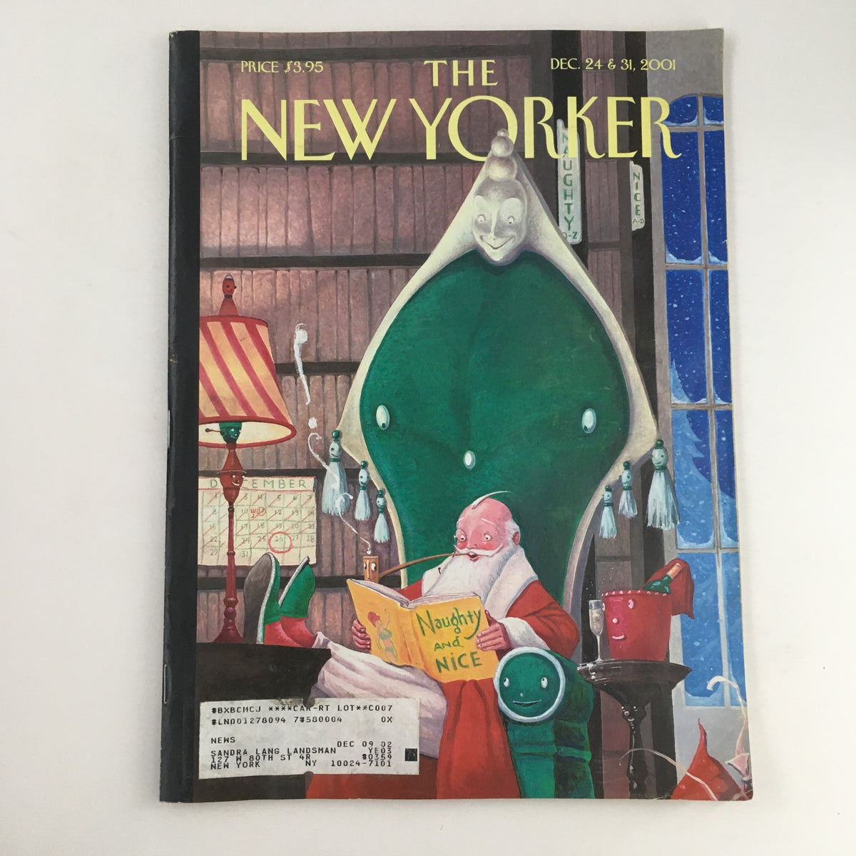 Cover of The New Yorker magazine from December 24, 2001, illustrated by William Joyce, featuring a whimsical Santa in a green chair with holiday decor.