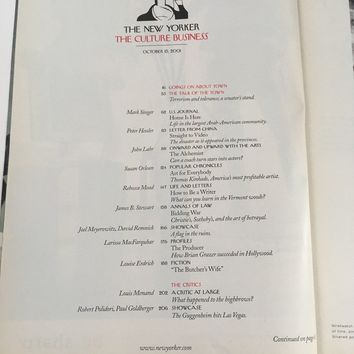 Table of contents from The New Yorker Magazine, October 15, 2001, showcasing articles including 'Terrorism & Tolerance' by Art Spiegelman, providing insight into cultural commentary during a pivotal time.