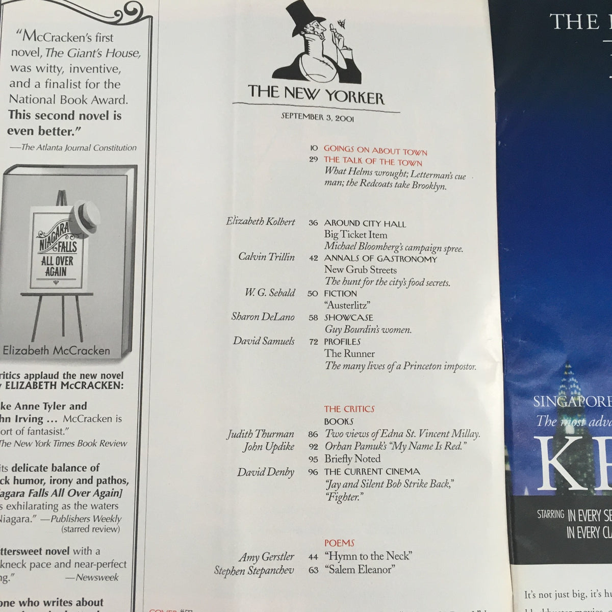 Table of contents page from The New Yorker Full Magazine September 3 2001, featuring article titles and authors, highlighting cultural themes of the early 2000s.