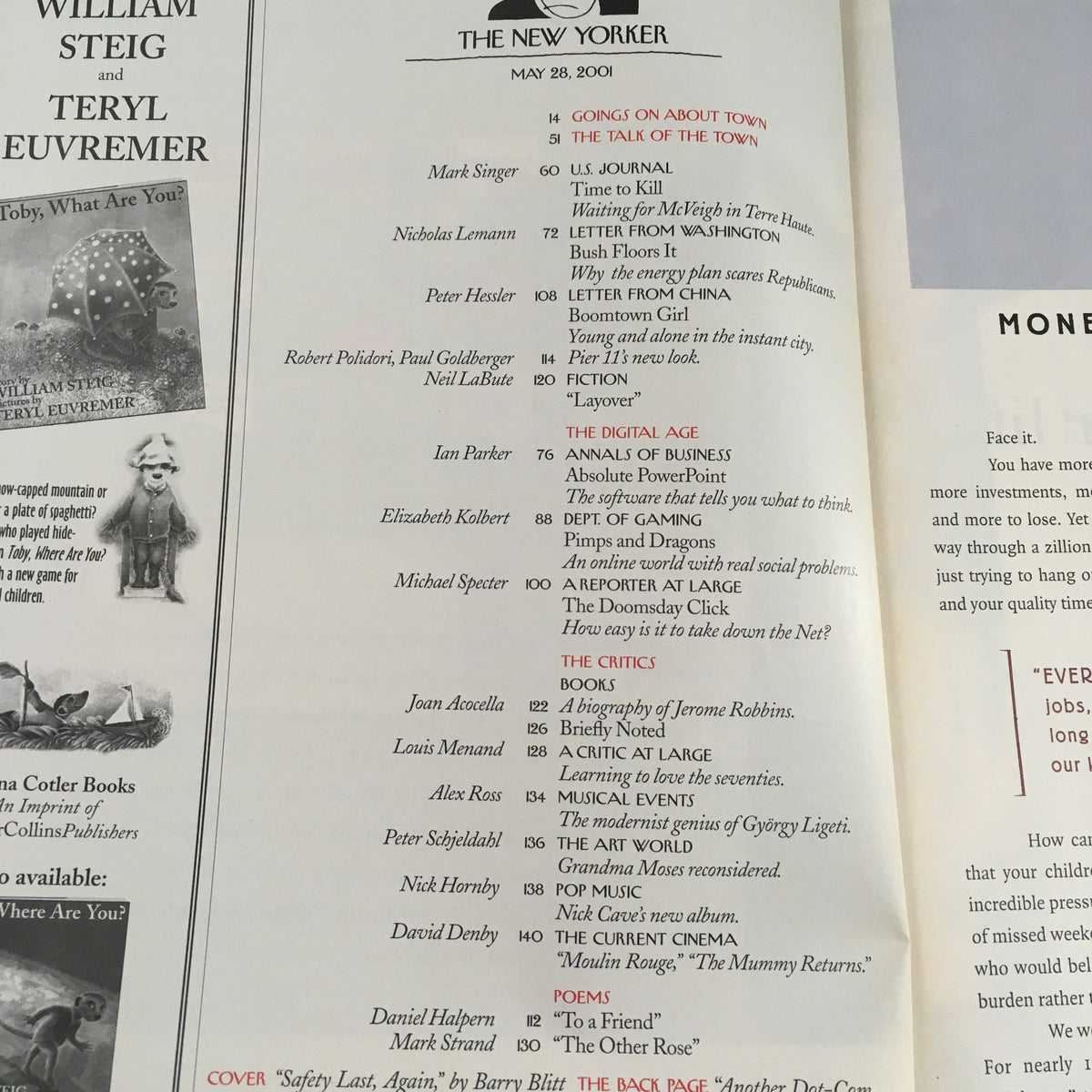 Interior page of The New Yorker Full Magazine May 28, 2001 showing the table of contents, including articles and features from the magazine.
