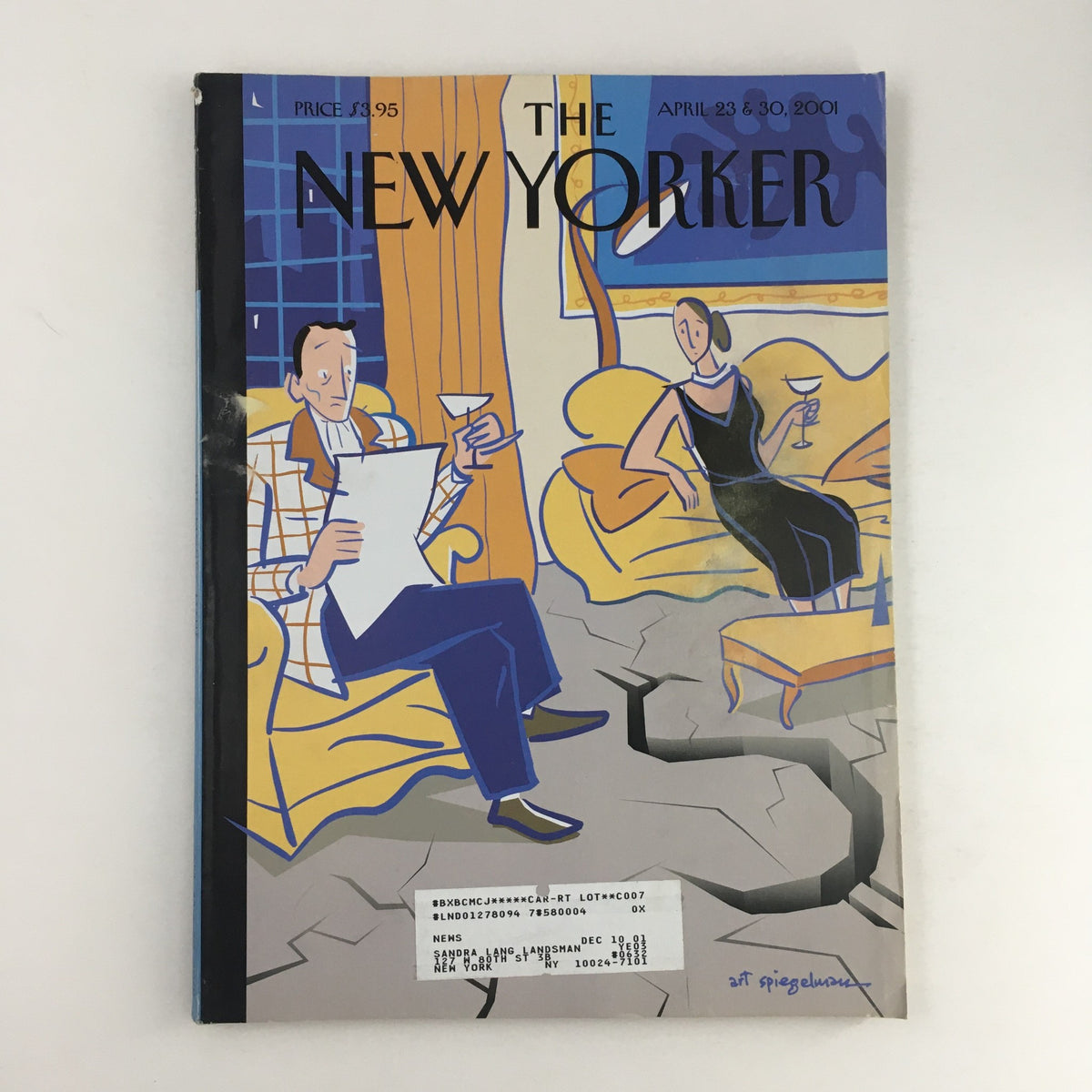 The New Yorker Full Magazine April 23 2001 featuring the cover art 'Portrait of Decency' by Art Spiegelman, depicting a couple enjoying drinks in a stylish living room.